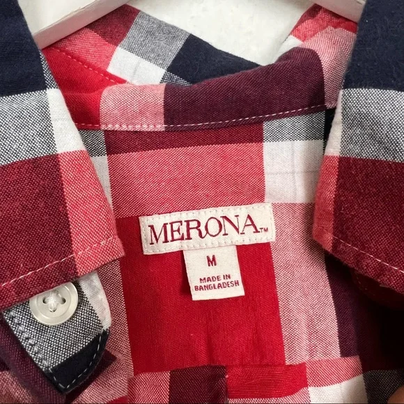 Merona Long Sleeve Plaid Button Down Shirt Men’s Size Medium Red White Blue - Picture 3 of 6